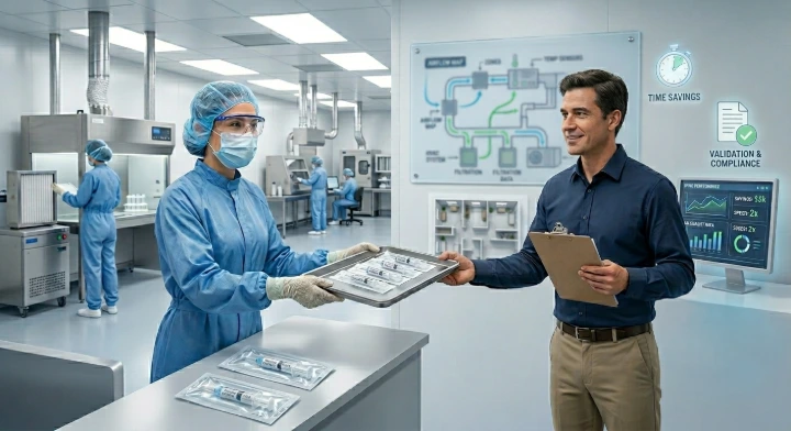 Clean-room technician handing a tray of needle-free, pre-filled syringes in sterile pouches to an indoor air quality specialist, with dashboards showing time savings and validation, illustrating Advasaf’s fast, cost-effective sterile syringe support for SafeTraces-style HVAC projects.