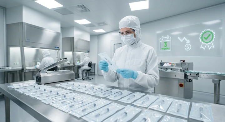 Clean-room technician inspecting individually pouched, needle-free pre-filled syringes on a sterile production line, with subtle icons for three-week turnaround, cost savings, and quality, representing Advasaf’s efficient sterile syringe program for SafeTraces-style HVAC and IAQ projects.