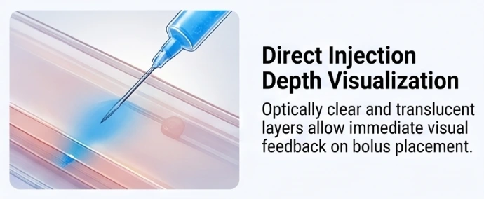 Translucent tissue layers showing injection depth on an AdvaSaf Simulate trainer