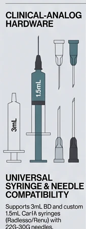 Clinical-analog syringes and needles, including a 1.5 mL CaHA analog syringe