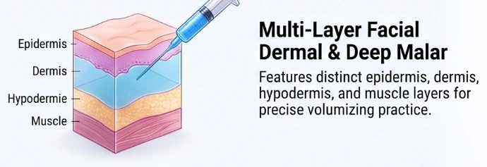 Multi-layer facial dermal and deep malar model for volumizing practice